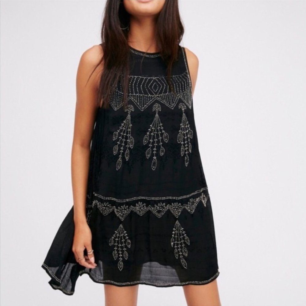 Free People Black Beaded Swing Mini Dress with Open Back